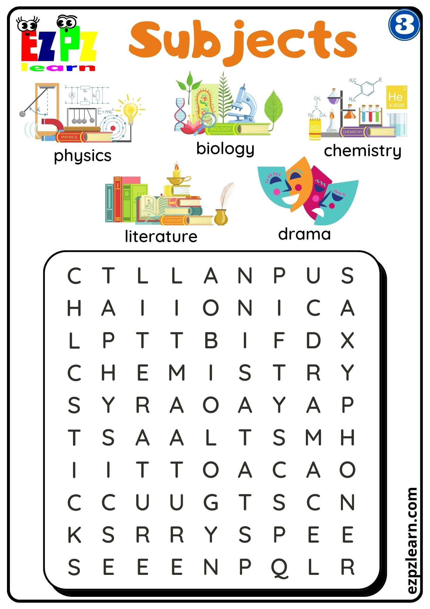 Group3 School Subjects Word Search Worksheet for ESL Students and K5